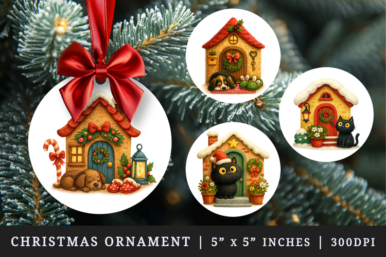 Winter Cute House round ornaments sublimation design