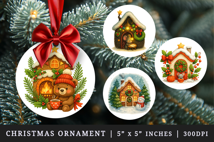 Winter Cute House round ornaments sublimation design