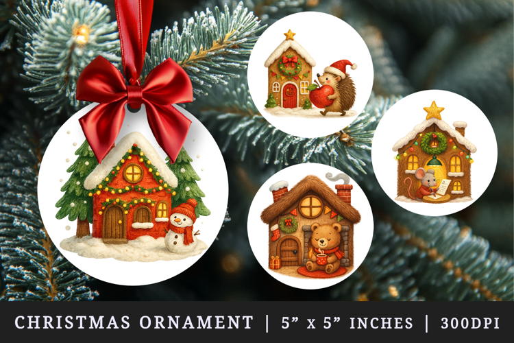 Winter Cute House round ornaments sublimation design