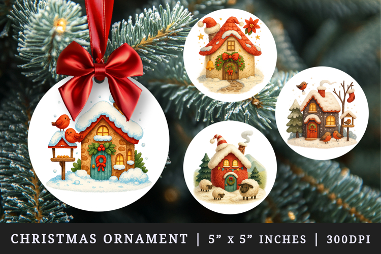 Winter Cute House round ornaments sublimation design