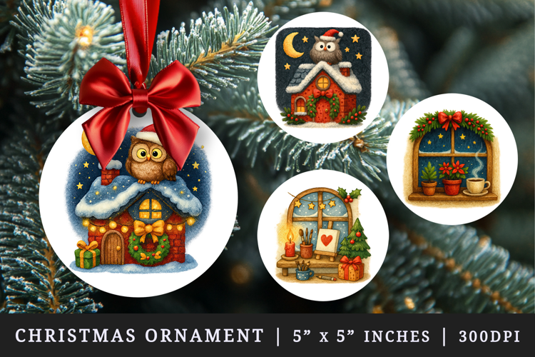 Winter Cute House round ornaments sublimation design