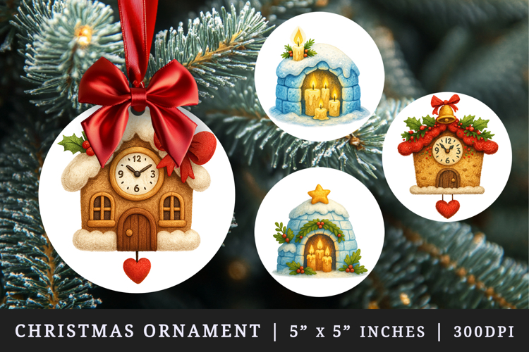 Winter Cute House round ornaments sublimation design