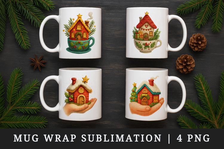 Winter Cute House mug wrap printable sublimation design