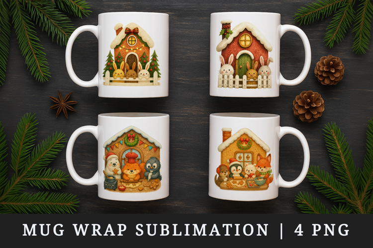 Winter Cute House mug wrap printable sublimation design