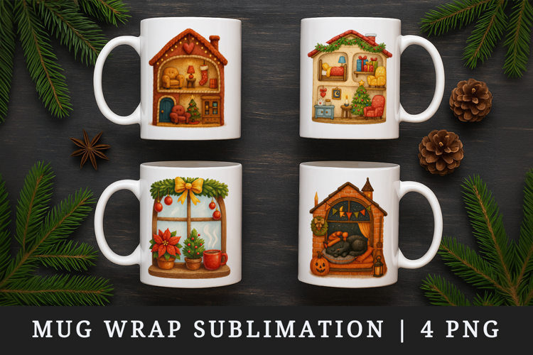 Winter Cute House mug wrap printable sublimation design