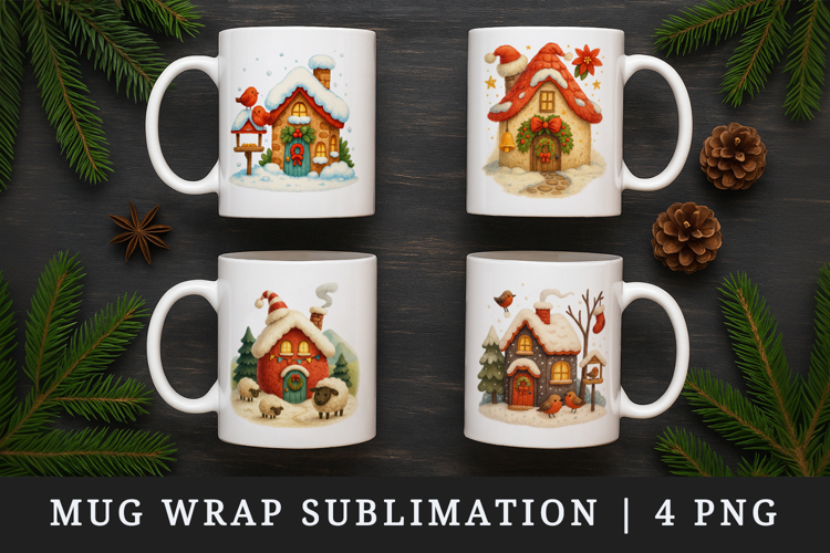 Winter Cute House mug wrap printable sublimation design