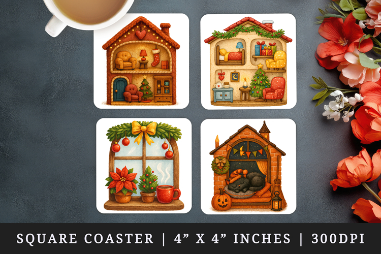 Winter Cute House square coaster sublimation design