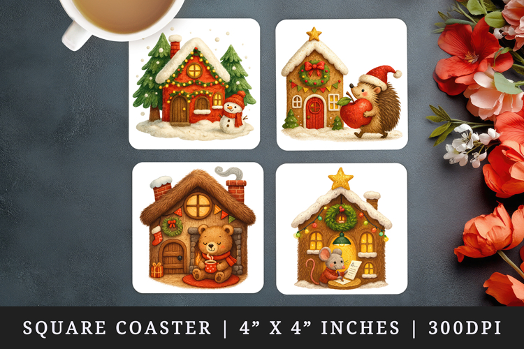 Winter Cute House square coaster sublimation design