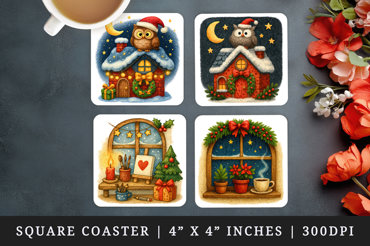 Winter Cute House square coaster sublimation design