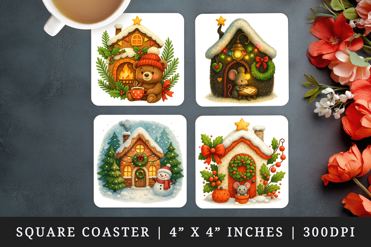 Winter Cute House square coaster sublimation design