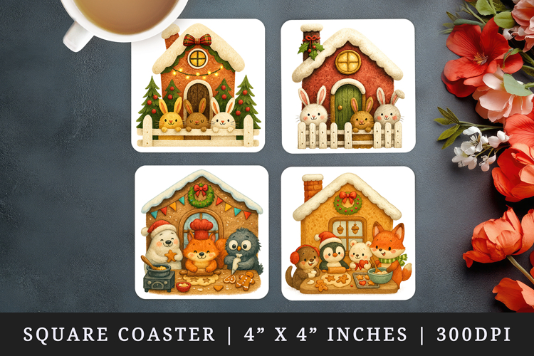 Winter Cute House square coaster sublimation design