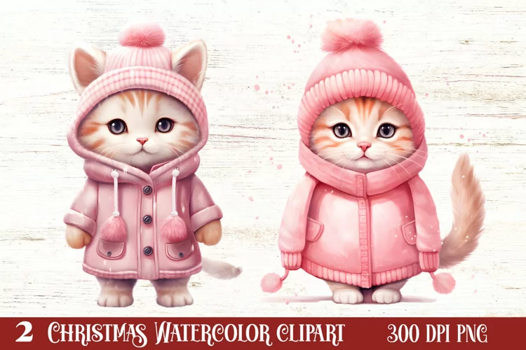 Winter Cute Pink Cat Clipart Sublimation, Christmas Pink PNG