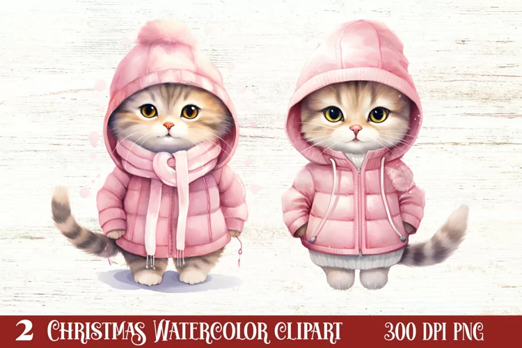 Winter Cute Pink Cat Clipart Sublimation, Christmas Pink PNG