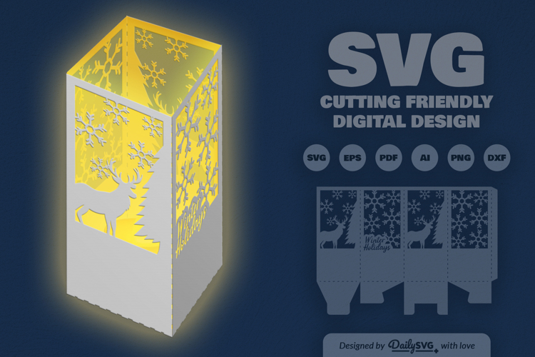 Winter Deer Christmas Lantern Papercut SVG