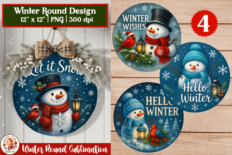 Winter Round Sublimation Design with Snowman