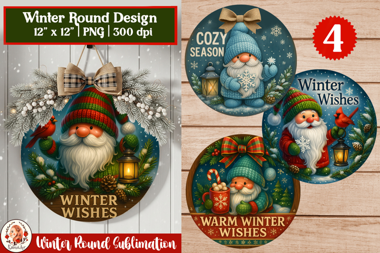 Winter Round Sublimation Design with Gnomes