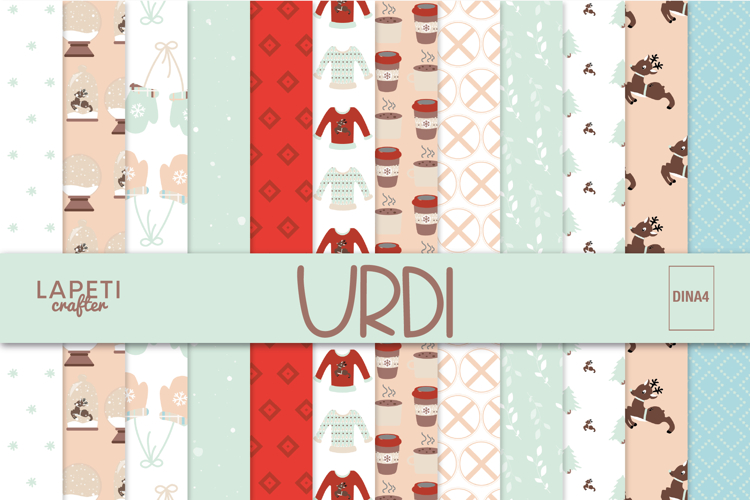Winter digital paper pack featuring cozy Christmas patterns with mittens, sweaters, reindeer, and hot cocoa designs in soft pastel and red tones.