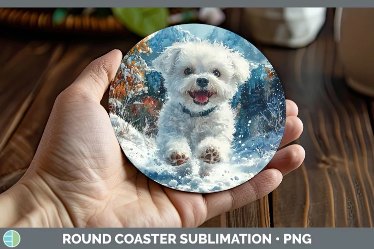 Winter Dogs Bichon Frise Round Coaster Sublimation Coaster D