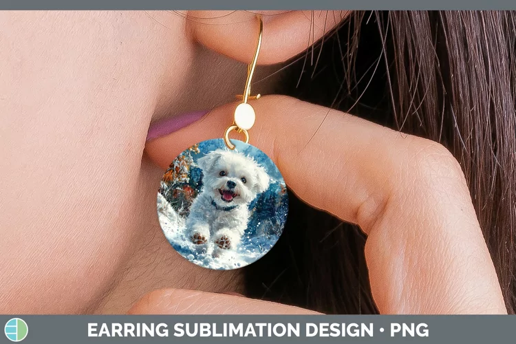 Winter Dogs Bichon Frise Round Earrings Sublimation Earrings