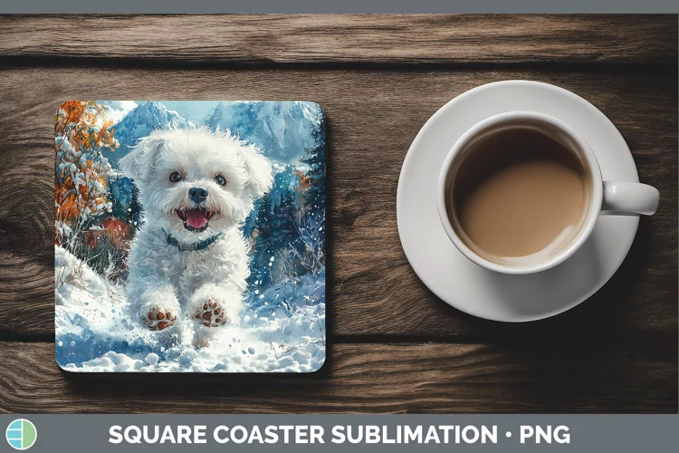 Winter Dogs Bichon Frise Square Coaster Sublimation Coaster