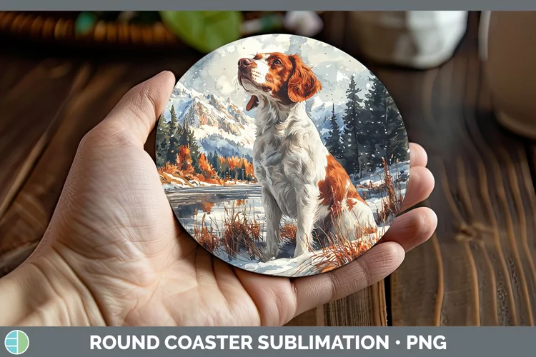 Winter Dogs Brittany Dog Round Coaster Sublimation Coaster D