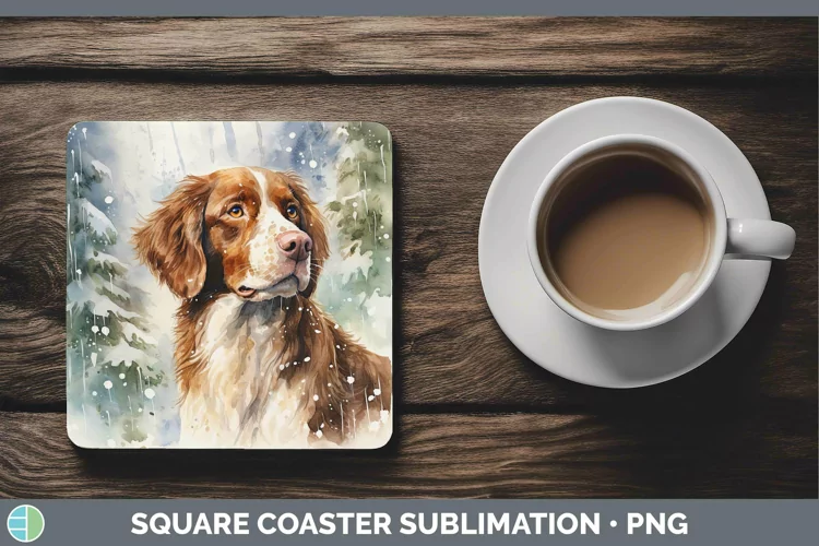 Winter Dogs Brittany Dog Square Coaster Sublimation Coaster