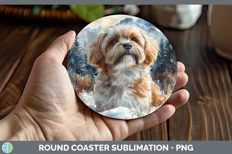 Winter Dogs Lhasa Apso Round Coaster Sublimation Coaster Des