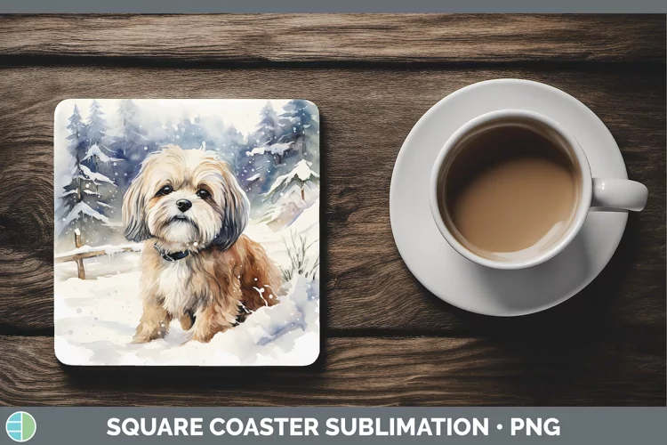 Winter Dogs Lhasa Apso Square Coaster Sublimation Coaster De