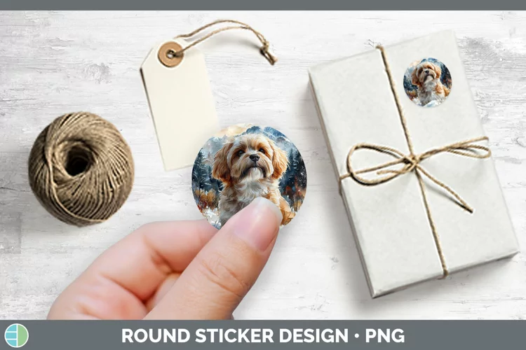 Winter Dogs Lhasa Apso Stickers | Round Labels Designs