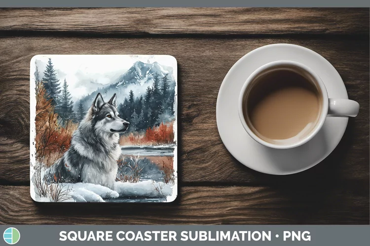 Winter Dogs Norwegian Elkhound Dog Square Coaster Sublimatio