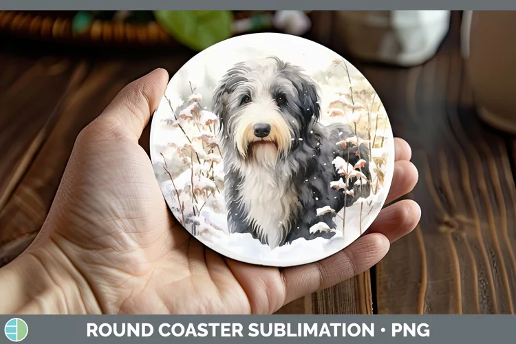 Winter Dogs Old English Sheepdog Round Coaster Sublimation C
