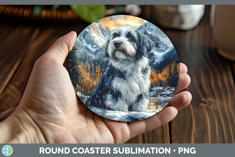 Winter Dogs Old English Sheepdog Round Coaster Sublimation C
