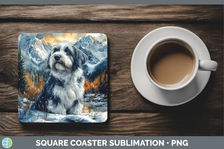 Winter Dogs Old English Sheepdog Square Coaster Sublimation
