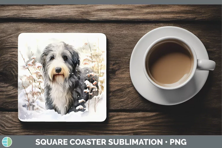 Winter Dogs Old English Sheepdog Square Coaster Sublimation
