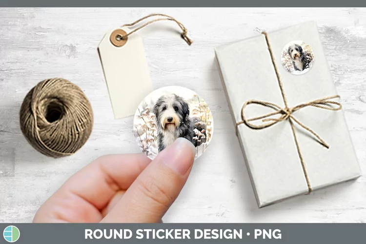 Winter Dogs Old English Sheepdog Stickers | Round Labels Des