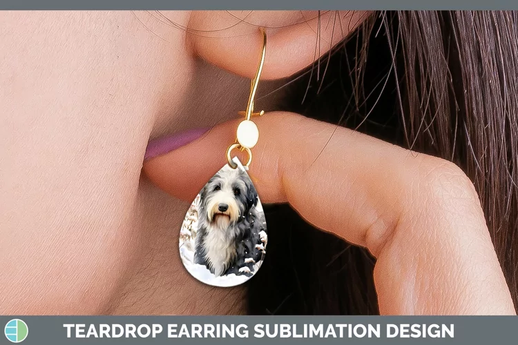Winter Dogs Old English Sheepdog Teardrop Earrings Sublimati