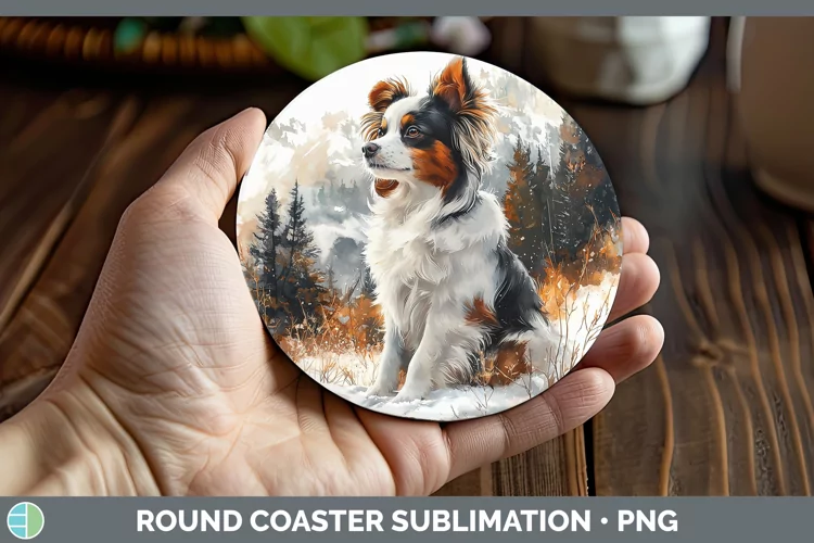 Winter Dogs Papillon Dog Round Coaster Sublimation Coaster D