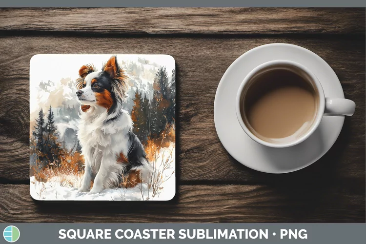 Winter Dogs Papillon Dog Square Coaster Sublimation Coaster