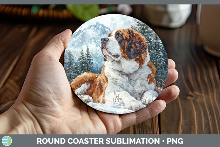 Winter Dogs Saint Bernard Round Coaster Sublimation Coaster