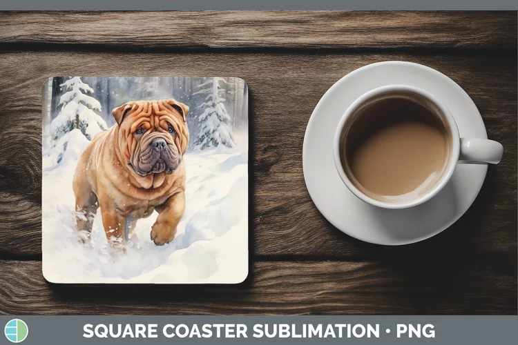 Winter Dogs Shar Pei Square Coaster Sublimation Coaster Desi