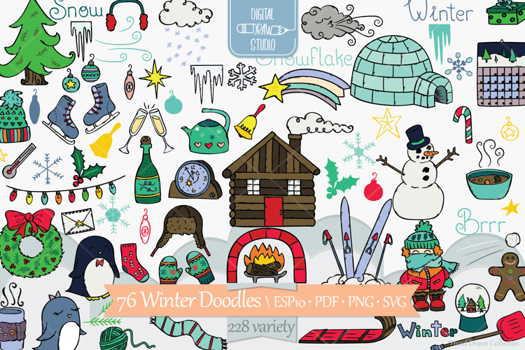 Winter Season Color Doodles, Mitten, Igloo, Snowman, Penguin