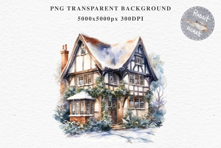 Winter English Cottage Christmas House Snow Covered Clipart