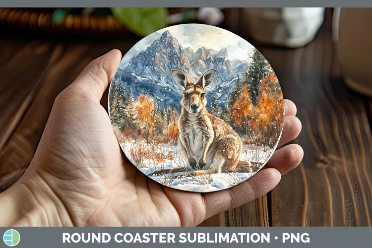 Winter Exotic Animals Kangaroo Round Coaster Sublimation Coa