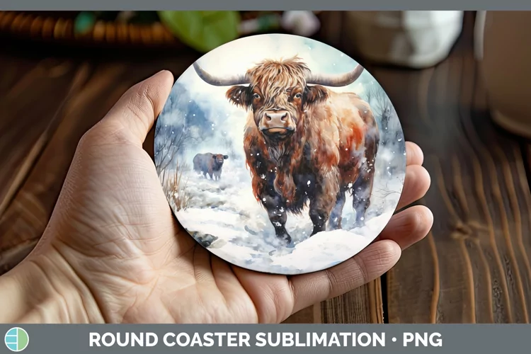 Winter Farm Animals Bull Round Coaster Sublimation Coaster D