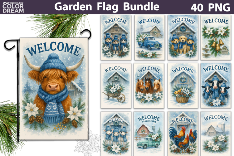 Winter Farm Garden Flag Bundle | Animals Christmas