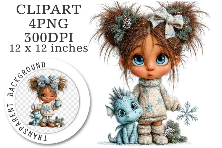 Winter Girl & Dragon Clipart, Whimsical Fantasy Winter Png