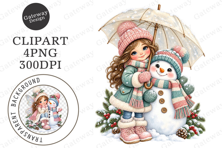 Winter Girl Snowman Clipart PNG example image 1