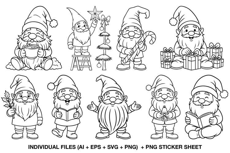 Christmas Gnome Digital Stamps | Cute Winter Line Art Set
