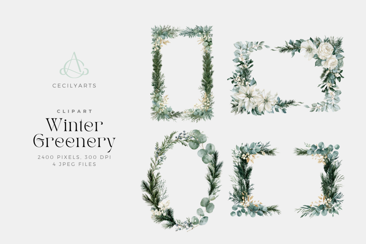 Winter Greenery Watercolor Clipart