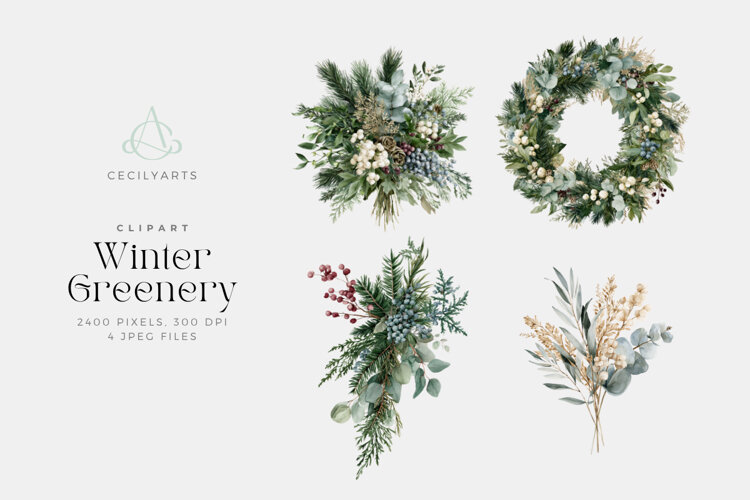 Winter Greenery Watercolor Clipart example image 1